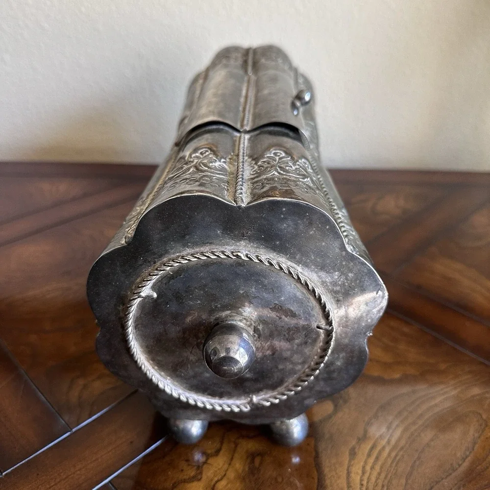 Antique VTG Barrel Shape Metal Box 16.5 Inch Footed Lidded Hammered‎ Ornate READ